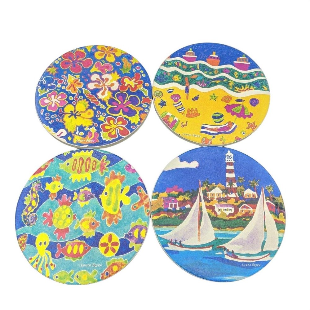 Coasters Tropical Beach Sailboats Ocean Set of 4 Absorbent Coasterstone  4.25"